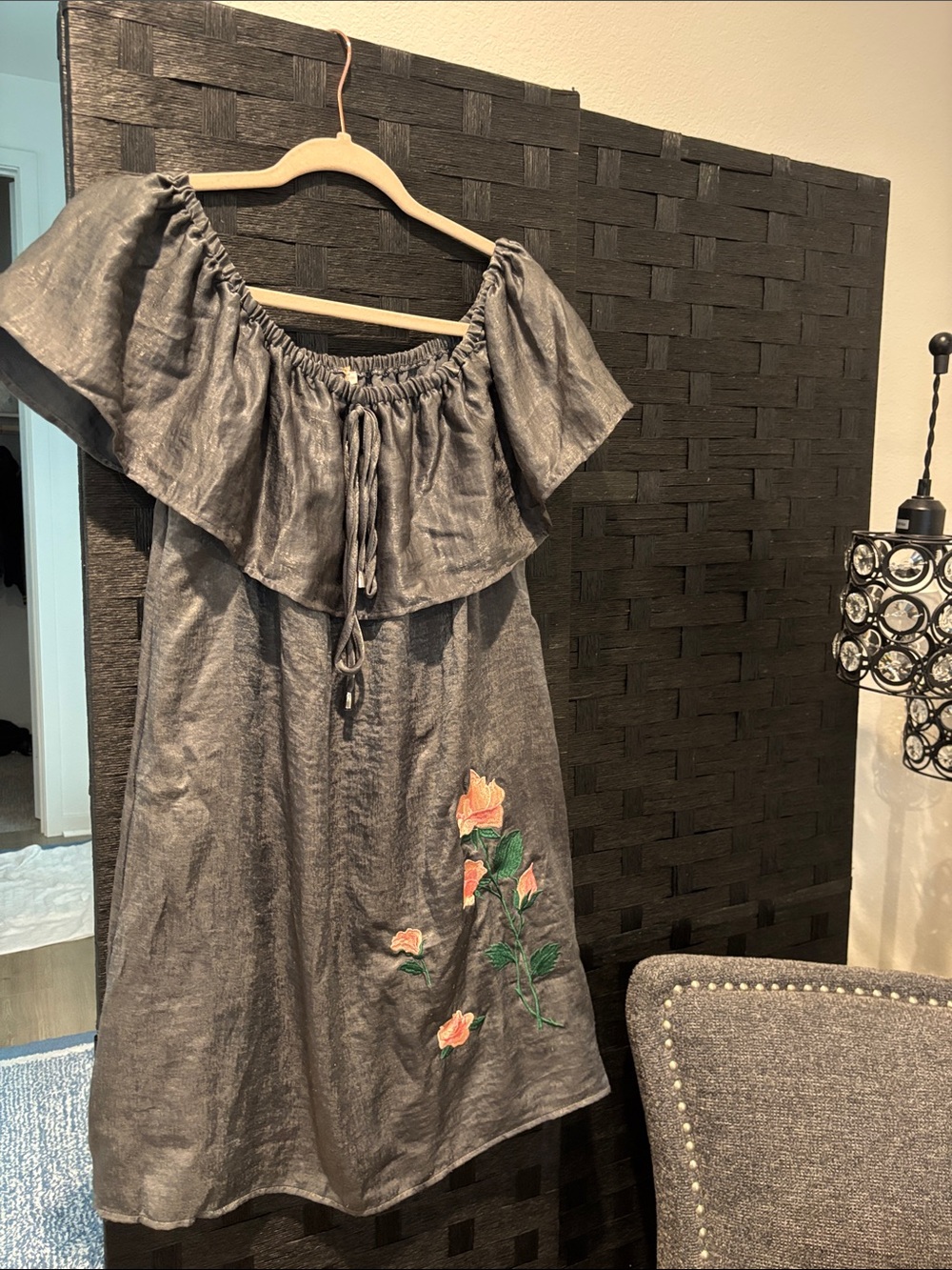 Gray Off-Shoulder Dress with Floral Embroidery